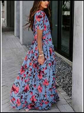Boho Floral Maxi Dress V-Neck Short Sleeve Ruched Wedding Cocktail Party